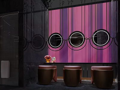 Luxury SPA Sauna Interior With Pink Gradient Wall Circular Mirrors and Brown Stools 3d model