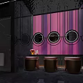 Luxury SPA Sauna Interior With Pink Gradient Wall Circular Mirrors and Brown Stools
