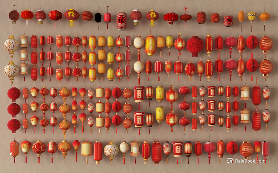 Colorful Chinese Lanterns With Various Styles Hanging In Decorative Arrangement 3d model 