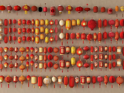 Colorful Chinese Lanterns With Various Styles Hanging In Decorative Arrangement 3d model