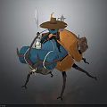 Fantasy Cartoon Beetle With Orange Shell Straw Hat Rider Blue Gear And Lantern