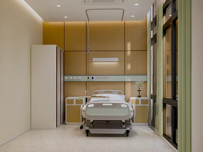 Modern Hospital Room Interior With Medical Bed Wooden Walls White Cabinet And Equipment 3d model