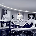 Modern White Curved Reception Desk With Marble Floor And Portrait Paintings