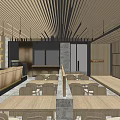 Modern Restaurant Interior With Wooden Ceiling Dining Tables Chairs And Green Plant