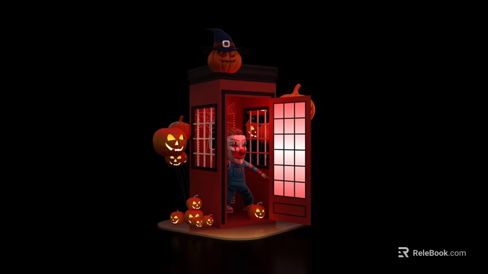 Halloween Photo Spot with Red Phone Booth Pumpkin Lanterns Witch Hat Pumpkin and Clown Figure 3d model 