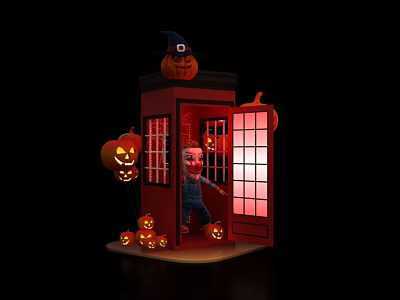 Halloween Photo Spot with Red Phone Booth Pumpkin Lanterns Witch Hat Pumpkin and Clown Figure 3d model