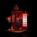 Halloween Photo Spot with Red Phone Booth Pumpkin Lanterns Witch Hat Pumpkin and Clown Figure