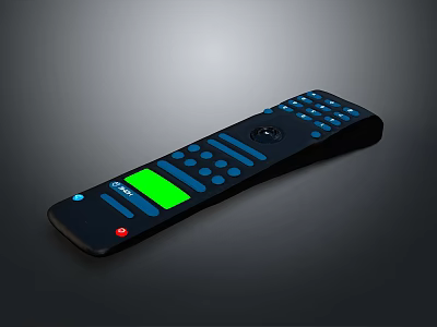 Black Remote Control With Blue Buttons Green Display Screen And Input Label 3d model
