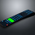 Black Remote Control With Blue Buttons Green Display Screen And Input Label