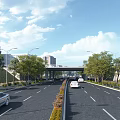 Municipal Road With Two-Way Lanes Green Belts Street Lamps And Cars