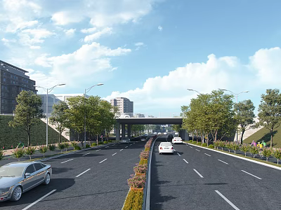 Municipal Road With Two-Way Lanes Green Belts Street Lamps And Cars 3d model