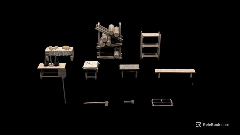Handmade Wooden Furniture Display In Mall Shop With Tables Shelves And Benches 3d model 