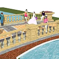Scenic Landscape Bridge With Red Brick Structure Yellow Railings And People Enjoying Water View