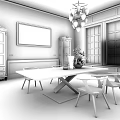 Elegant Dining Room Interior With Black Long Table Blue Chairs Chandelier And Wooden Herringbone Floor