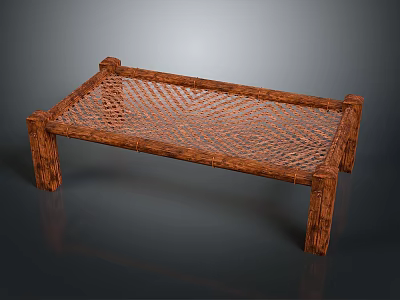 Rustic Wooden Woven Bench With Natural Frame And Textured Surface Details 3d model
