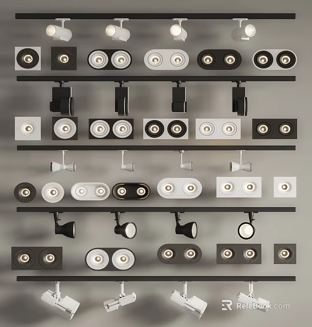 Various Styles Of Downlights And Spotlights Displayed On Multiple Shelves 3d model 