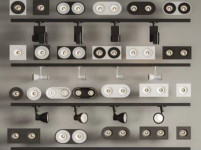 Various Styles Of Downlights And Spotlights Displayed On Multiple Shelves 3d model