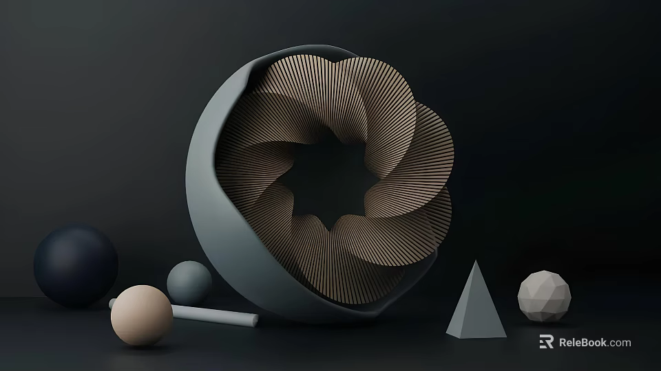 Modern Decorative Ornament Set With Spiral Sphere And Geometric Shapes In Gray And Brown Tones 3d model 