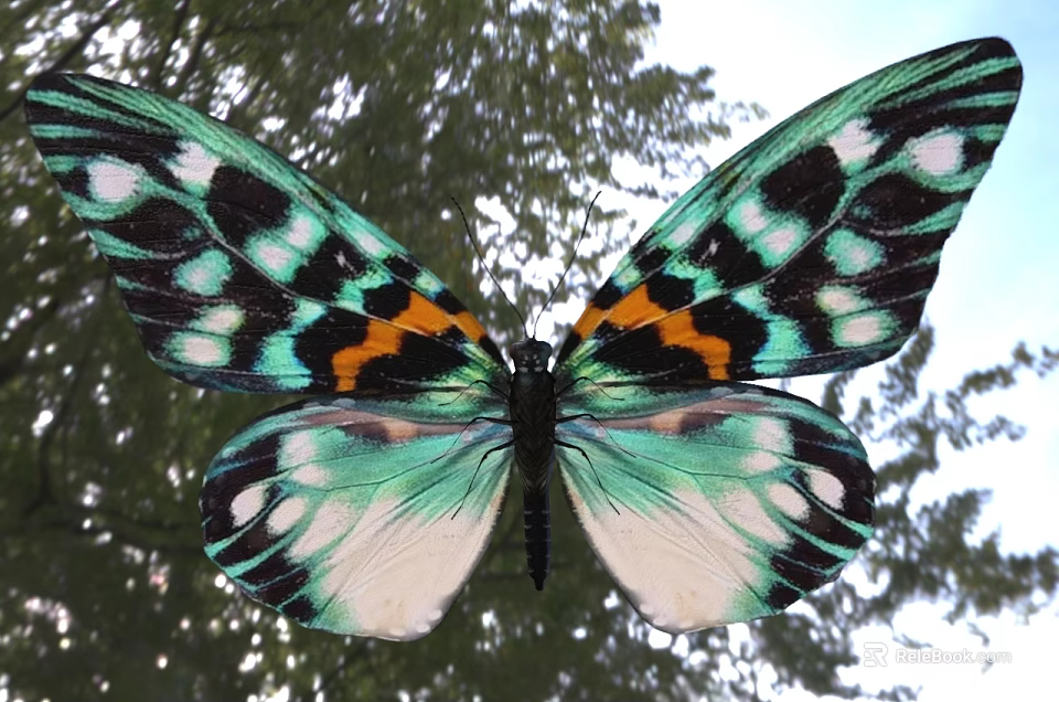 Colorful Butterfly With Vibrant Wings Against Trees 3d model 