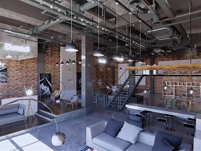 Industrial Style Café Interior With Brick Wall Hanging Pendant Lights Gray Sofa And Staircase 3d model
