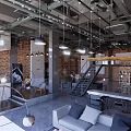 Industrial Style Café Interior With Brick Wall Hanging Pendant Lights Gray Sofa And Staircase