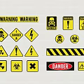 Various Warning Signs With Danger Symbols Skull Radiation Biohazard And Black Stripes