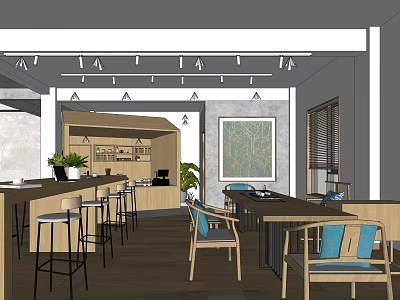 Break Room Interior Design With Bar Counter Bar Stools Tables Chairs Potted Plants And Lighting 3d model