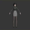 Woman With Black Short Hair High Neck Top Gray Skirt Long Stockings And High Heels