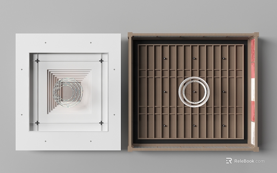 Modern Ceiling Design With White Geometric Pattern And Brown Grid Circular Accents 3d model 