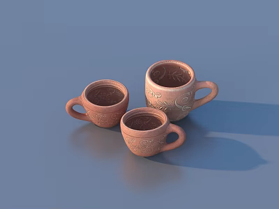 Three Rustic Ceramic Mugs With Intricate Carved Patterns For Daily Use 3d model