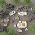 Park Landscape Featuring Stone Tables With Chessboard Patterns Chairs Trees On Brick Pavement 3d model