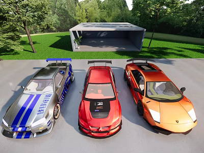 Stylish Silver Blue Red Orange Sports Cars Parked In Outdoor Green Grass With Modern Pavilion 3d model