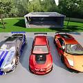Stylish Silver Blue Red Orange Sports Cars Parked In Outdoor Green Grass With Modern Pavilion