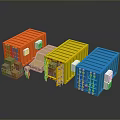 Orange Yellow Blue Shipping Containers With Cardboard Boxes And Miniature Figure