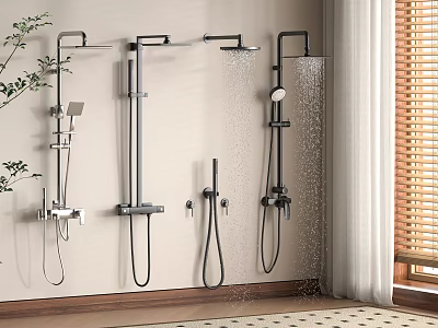 Modern Shower Systems with Various Designs Mounted on Wall in Contemporary Bathroom with Water Flow 3d model