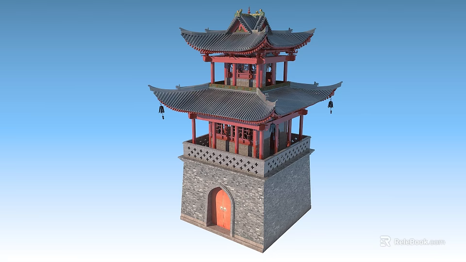 Traditional Ancient Chinese Architecture Multi Story Tower With Curved Eaves Stone Base And Red Door 3d model 