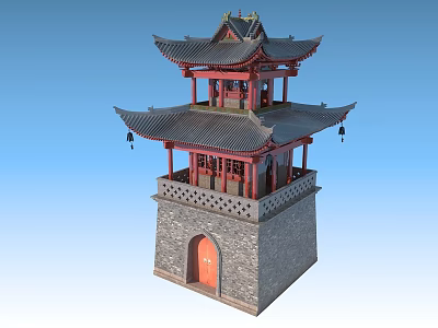 Traditional Ancient Chinese Architecture Multi Story Tower With Curved Eaves Stone Base And Red Door 3d model