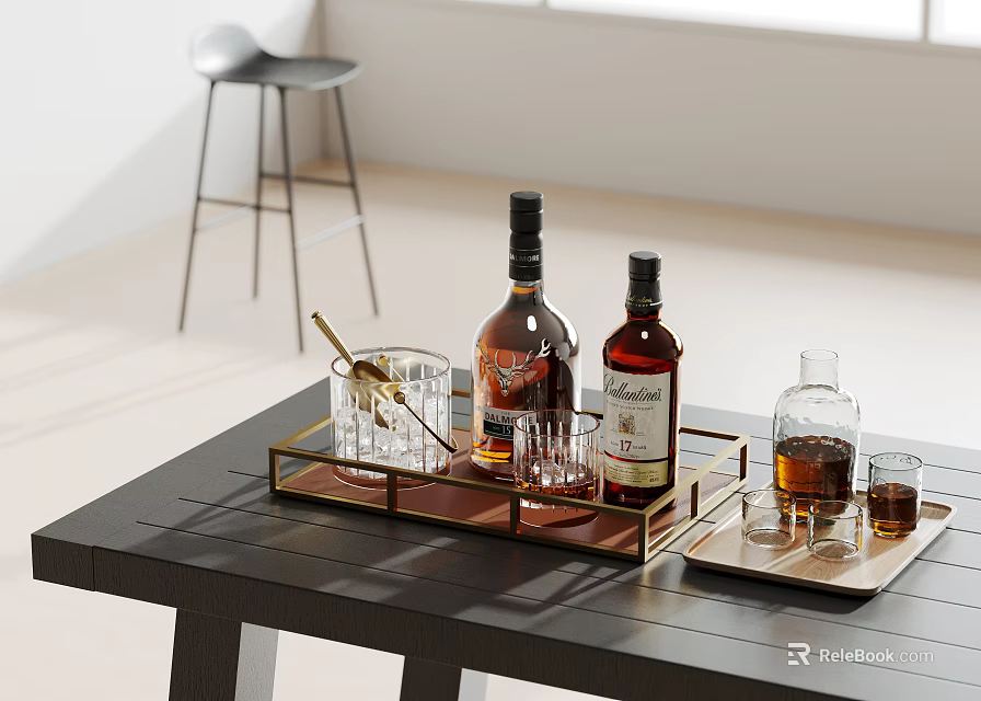 Wine Bottles And Glasses On Trays At Table In Interior 3d model