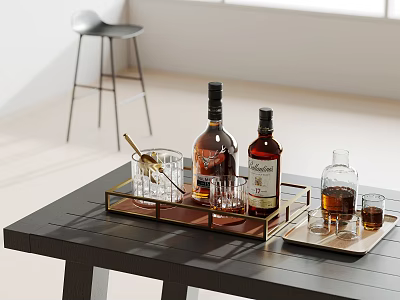 Wine Bottles And Glasses On Trays At Table In Interior 3d model