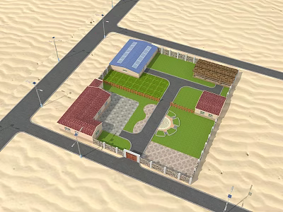 Garden Landscape Design With Green Lawn Circular Pavement Buildings And Roads 3d model