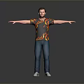 A Man With Arms Outstretched Wearing Flame T-Shirt Blue Jeans White Shoes On Gray Background