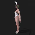 Woman With Green Hair Wearing White Bodysuit And Rabbit Ears On Black Background
