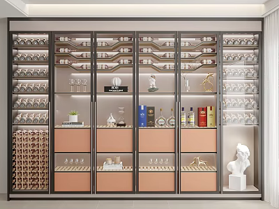 Modern Wine Cabinet With Glass Doors Bottles Glassware And Decorative Items 3d model