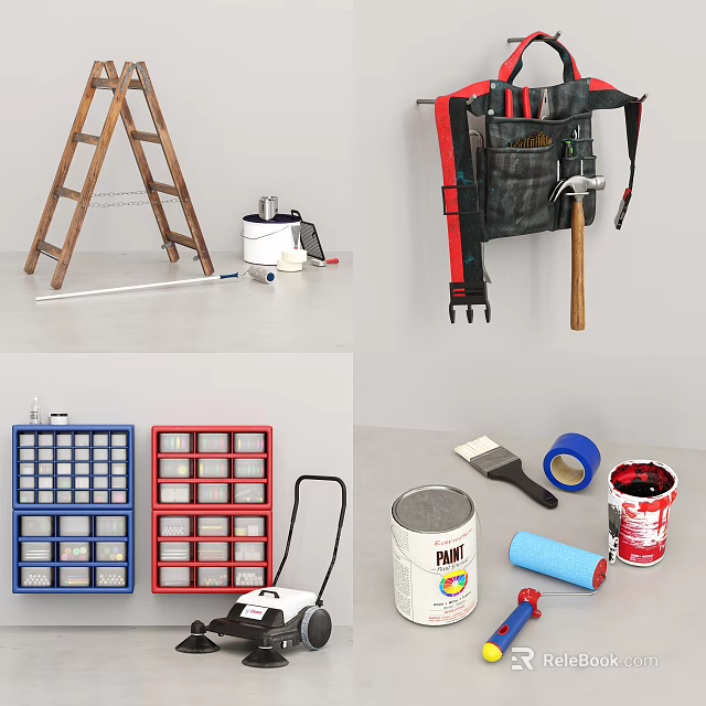 Hardware Tools Featuring Ladder Tool Bag Storage Boxes Roller Brush And Paint Can 3d model 