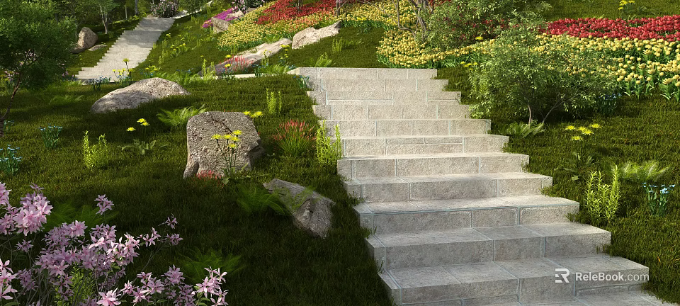 Colorful Flowers And Lush Plants Along Stone Steps In Garden Green Landscape 3d model 