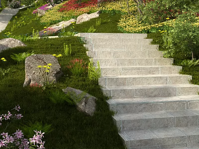Colorful Flowers And Lush Plants Along Stone Steps In Garden Green Landscape 3d model