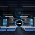 Modern Computer Classroom with Neatly Arranged Desks Chairs Long Strip Ceiling Lights and Wall Posters