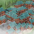 Scenic Traditional Chinese Ancient Architecture With Green Tiled Roofs Wooden Structures And Rainy Courtyard