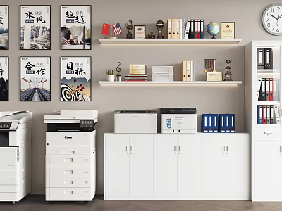 White Office Bookcase With Books Trophy Globe Folders Printer And Decorative Paintings 3d model