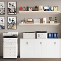 White Office Bookcase With Books Trophy Globe Folders Printer And Decorative Paintings